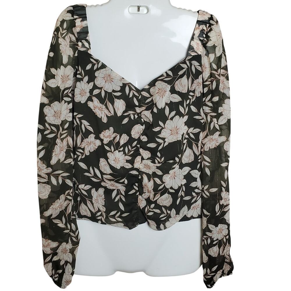 Brannan Women’s Floral Long Sleeve Blouse Green Pink Peasant Top NWT Size Small